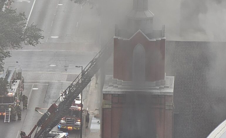 Firefighters battling fire at the First Baptist Church in Downtown Dallas, Texas