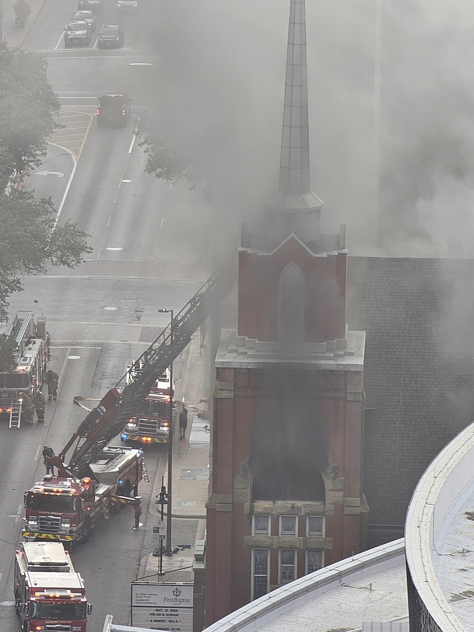 Firefighters battling fire at the First Baptist Church in Downtown Dallas, Texas
