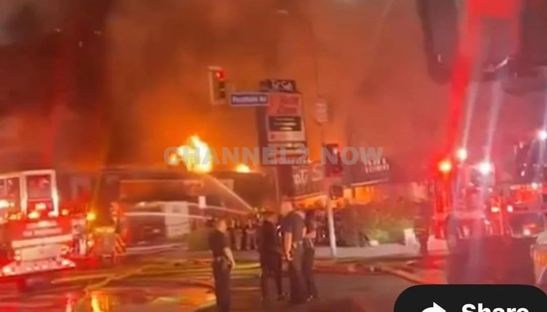 Massive Fire Engulfs AutoZone Store at Fountain and Highland in Hollywood: Roof Collapses as Car Batteries and Hazardous Materials Fuel Blaze; Nearby Businesses Fat Sal’s and Sushi Ajito Damaged