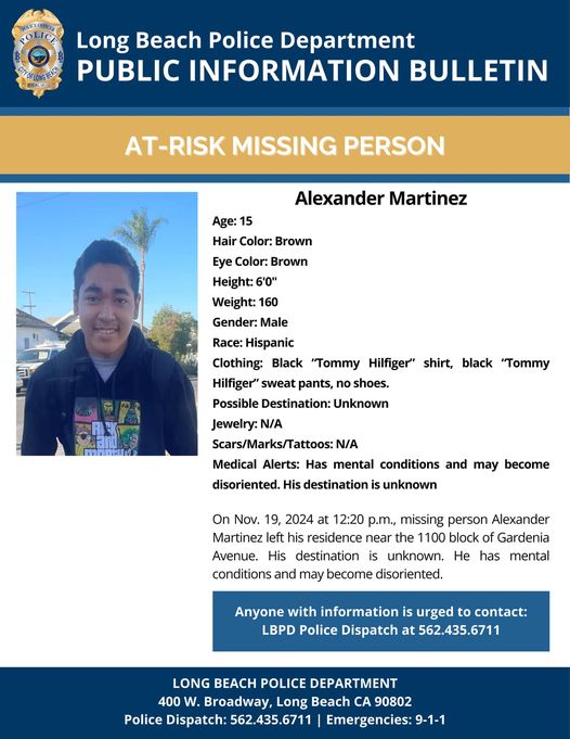 Alexander Martinez missing: Urgent Search Underway for At-Risk 15-Year-Old Alexander Martinez in Long Beach, CA; Police Seek Community’s Assistance to Locate Missing Teen with Mental Health Concerns